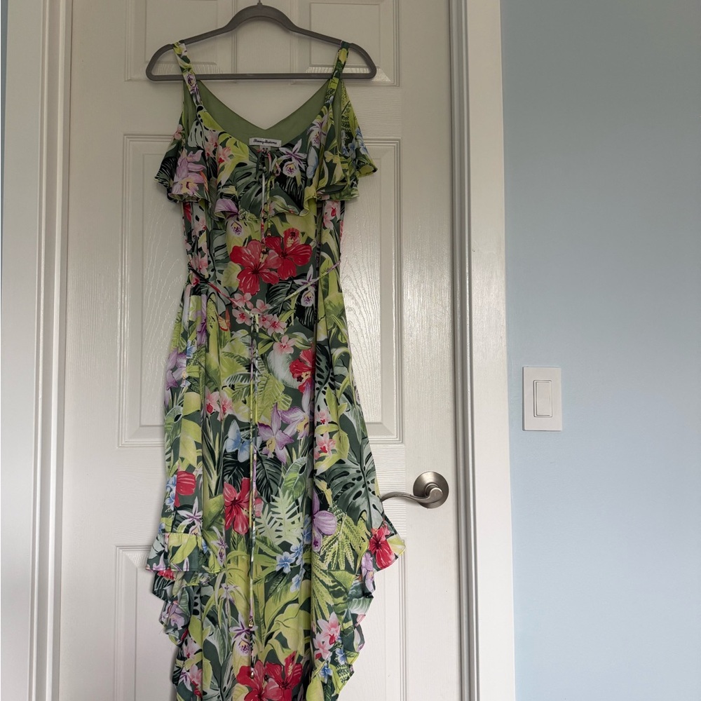 Tommy Bahama Tropical Floral High-Low Dress in Green with Red Accents